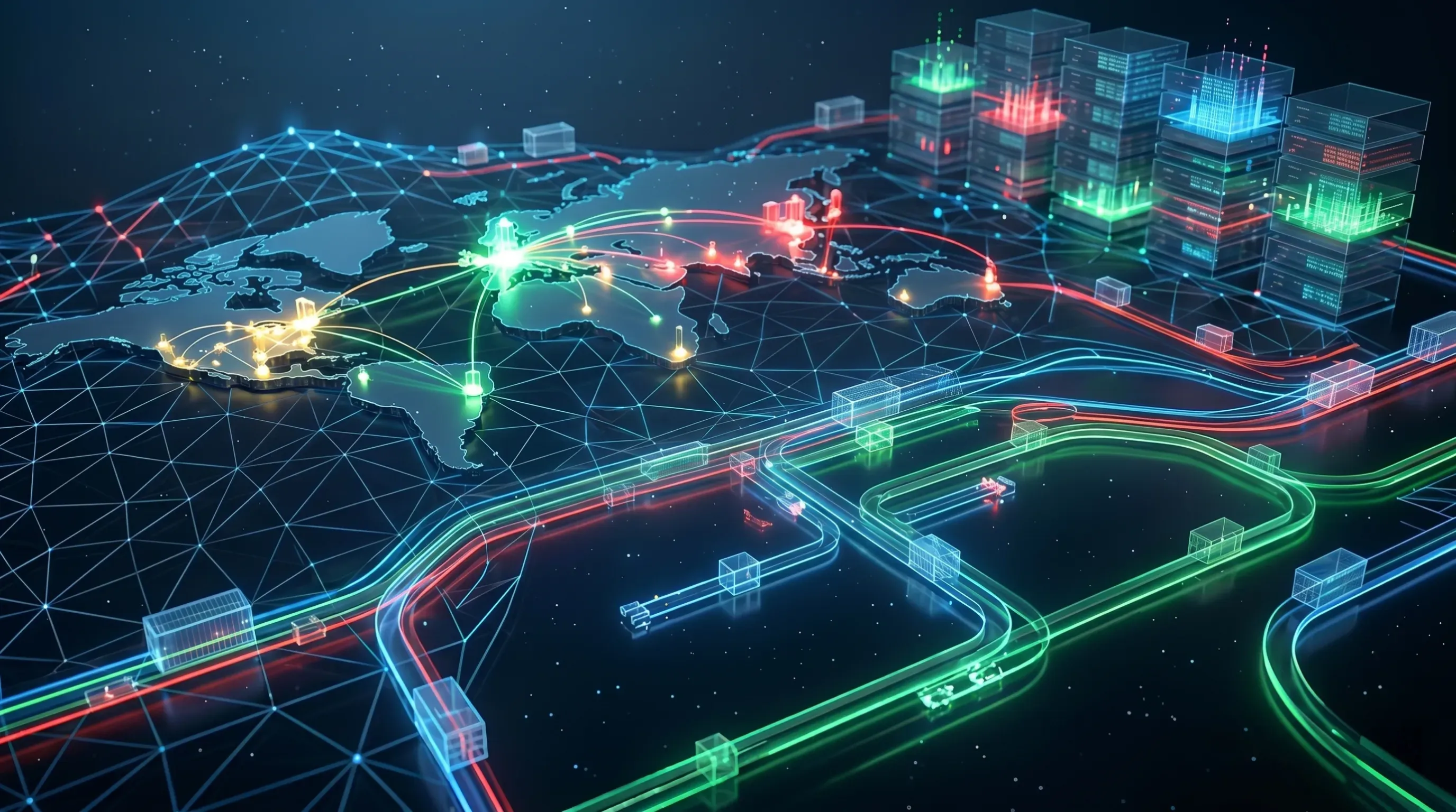 Arrière-plan abstrait et futuriste représentant une carte du monde numérique avec des lignes de connexion lumineuses en bleu et vert, ainsi que des flux de données et des cubes de données en bleu, vert et rouge.