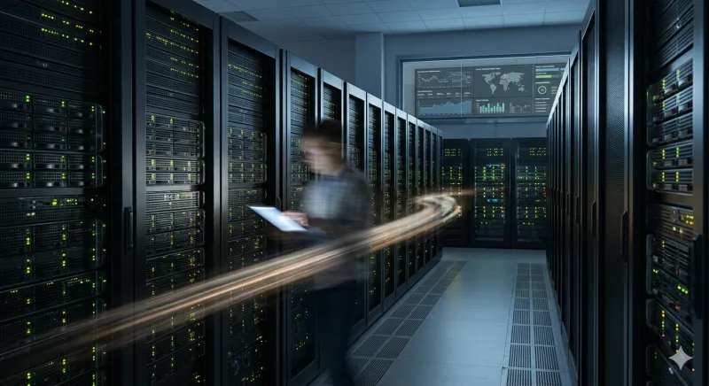 Technicien réseau configurant des serveurs informatiques dans une salle de serveurs sécurisée.