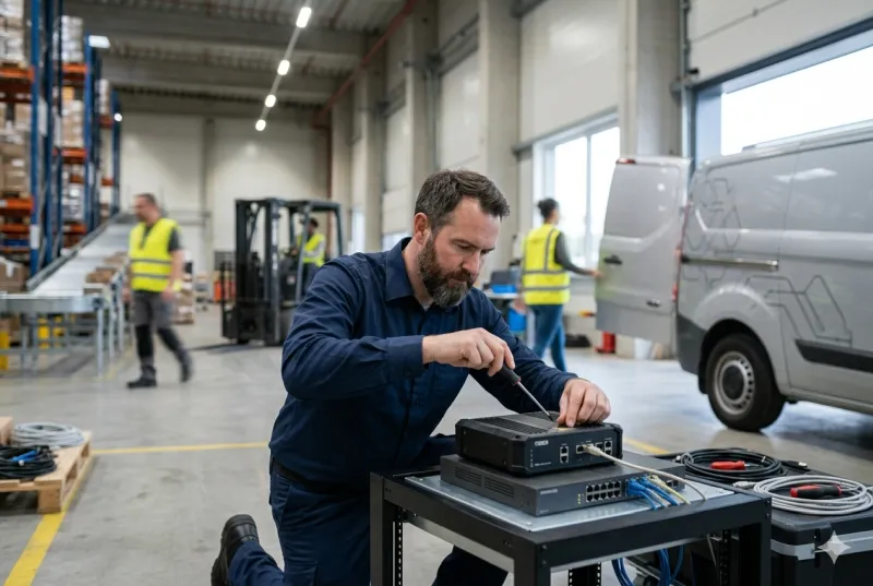 Un technicien intervenant directement sur un équipement réseau dans un site opérationnel.