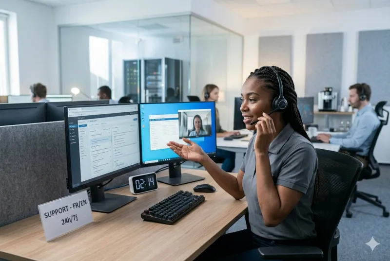 Une conseillère du support technique bilingue portant un casque, répondant à un appel d'utilisateur.
